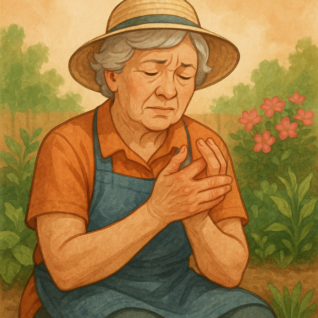 senior gardener rubbing her hands from arthritis