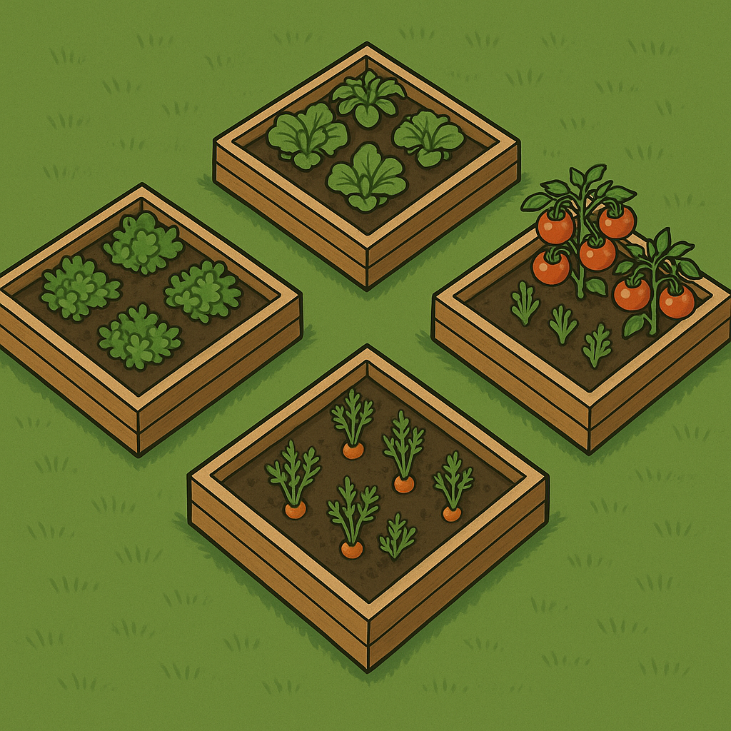 four raised garden beds placed close together to minimize walking distance