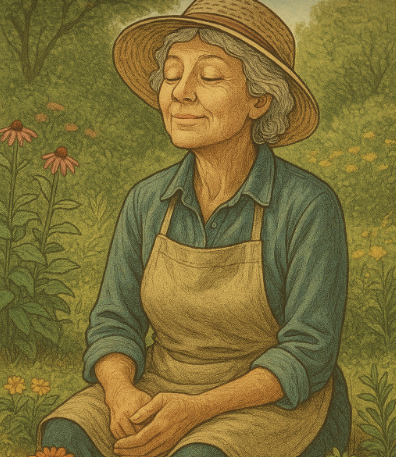 senior gardener sitting peacefully in her garden