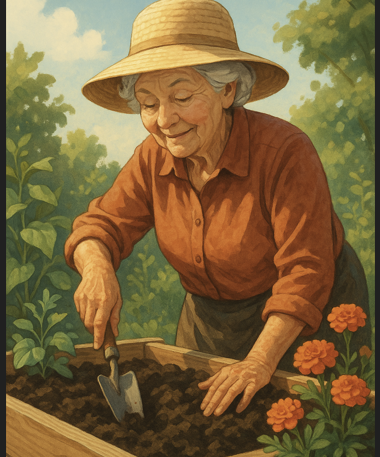 senior gardener digging in a raised bed with a trowel